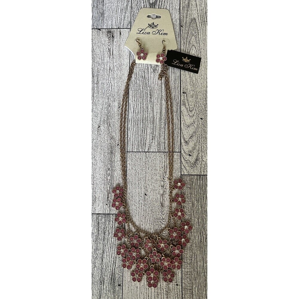 Liza Kim Gold Tone Pink Flowers Dangle Drop Earrings and Necklace Set